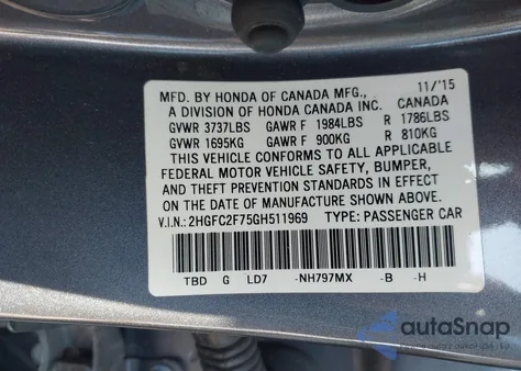 2016 Honda Civic Ex из США, поврежденный, VIN 2HGFC2F75GH511969